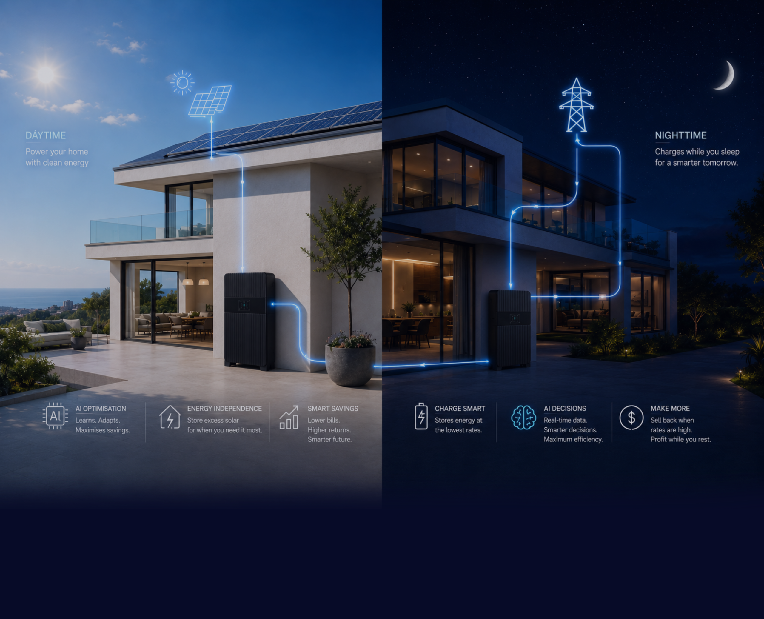 Banner - Levocell AI Battery Storage System - Day VS Night Blue