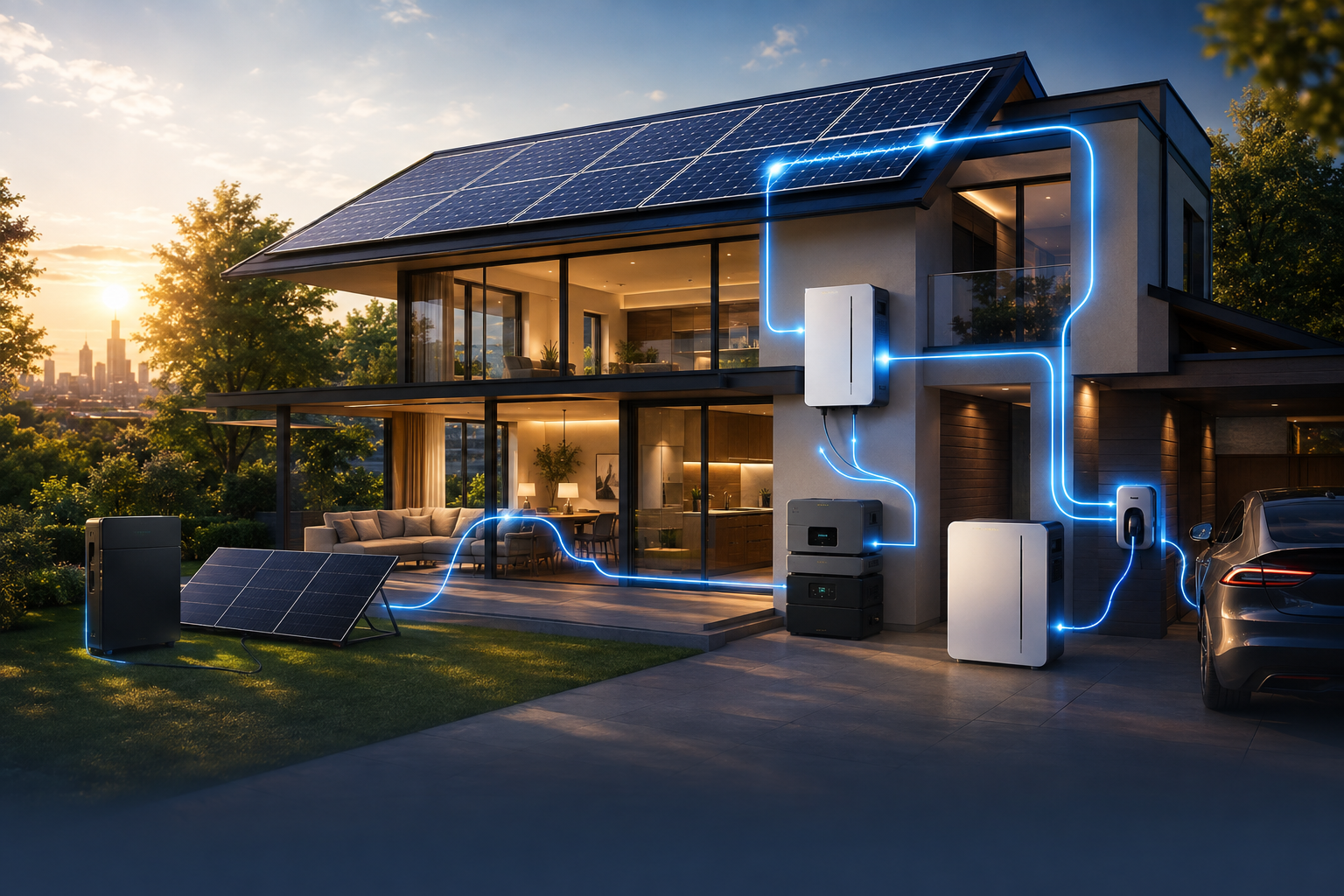 Smart Home Energy Flow at Sunset